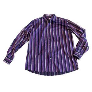 Eton Classic Bold Purple Stripe Button-Down Dress Shirt 100% Cotton Size 43 17
